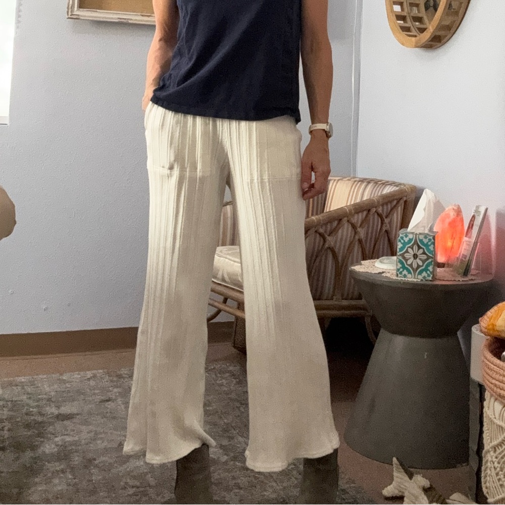 FP Beach high rise wide leg ribbed white cotton pants size small